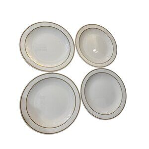Corning Pyroceram Tableware Set of 4 White Brown Rim 9 Inch Plates